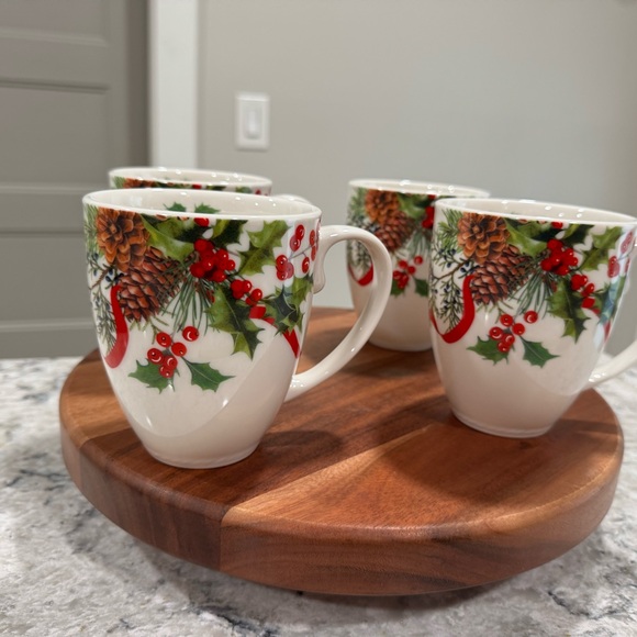 Festive Holiday Mugs with Pinecone and Holly Design